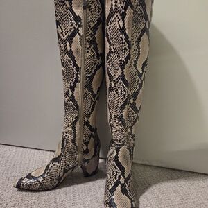 Marc Fisher Beige and Black Snake Print Heeled Boots